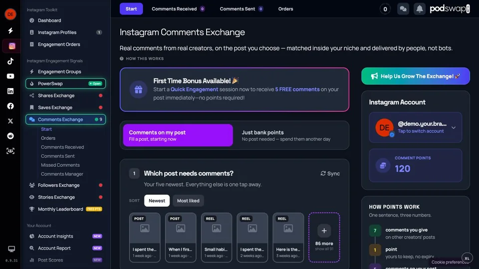 Instagram comment exchange post selection and separate point balance