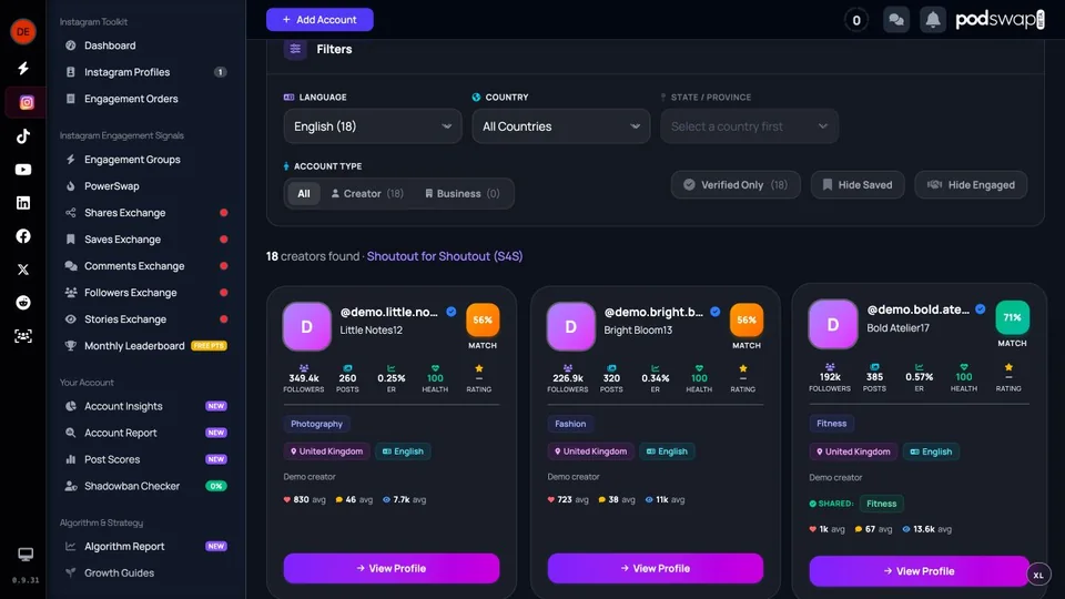 Creator Directory filters and synthetic creator cards