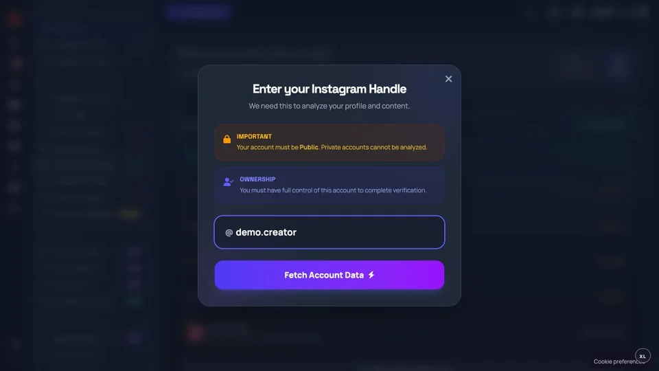 Account setup asking for a synthetic public Instagram handle