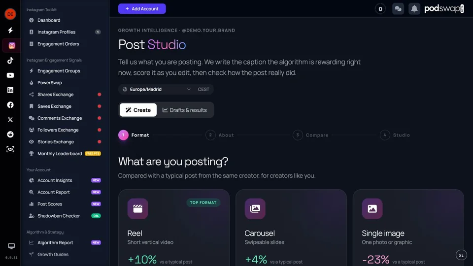 Post Studio format choices for a synthetic Instagram account