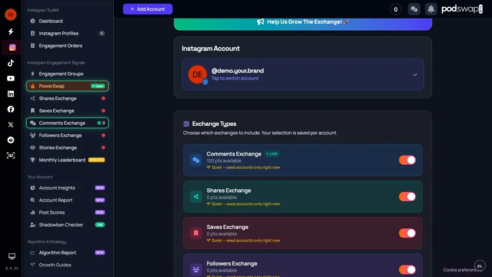 PowerSwap exchange selectors and separate example balances